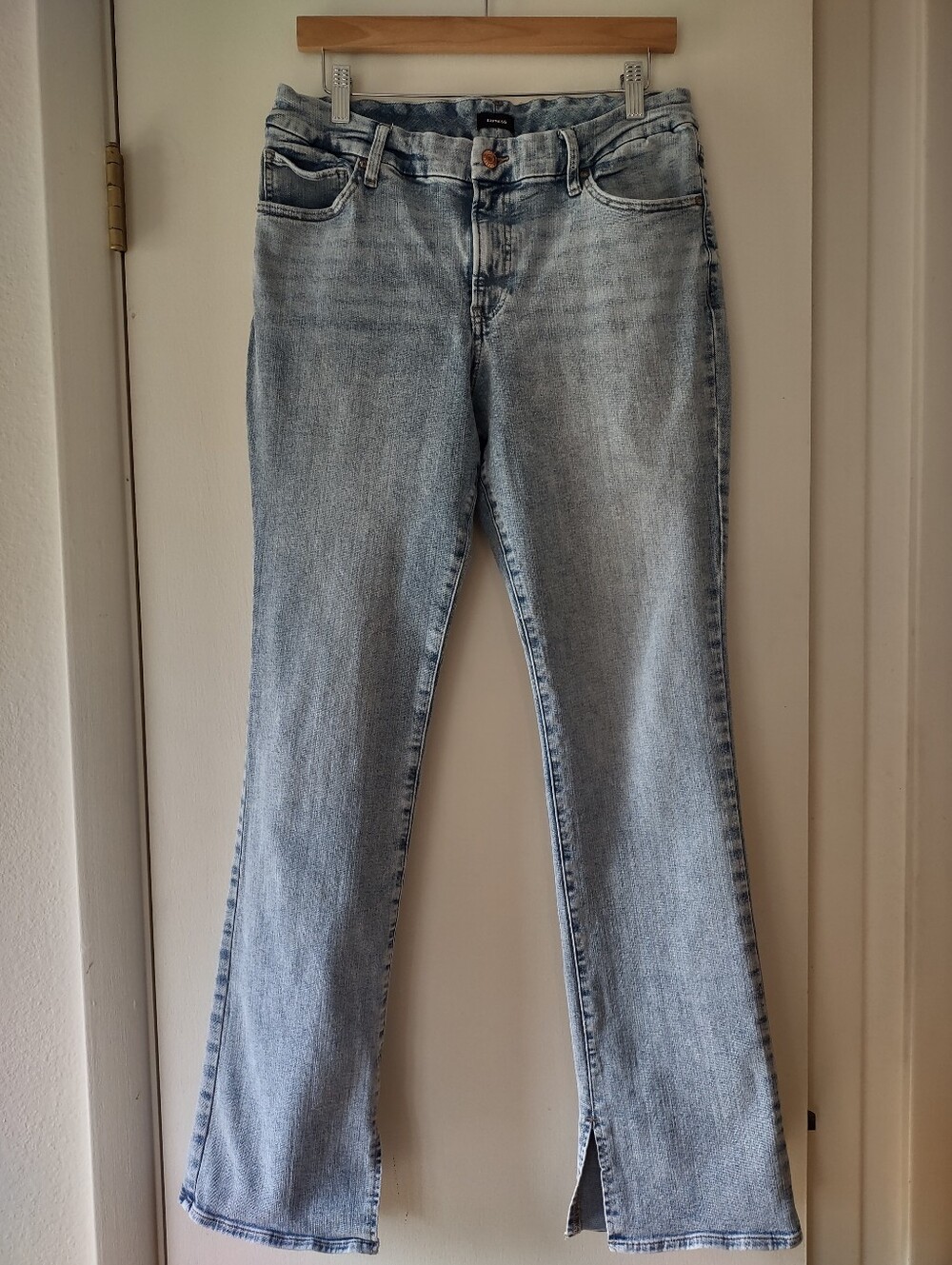 Express Women's L 12/14 Light Wash Bootcut Flare Jeans Side Slit Hem Denim Y2K